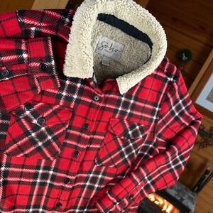 Soho Threads Sherpa Jacket Women M Plaid Button Up Shacket Buffalo Check Red